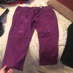 Purple Denim Capris Cuffed Distressed Jeans